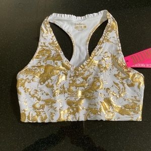 Lilly Pulitzer, gold foil, ruffle, trim, sports bra, size large